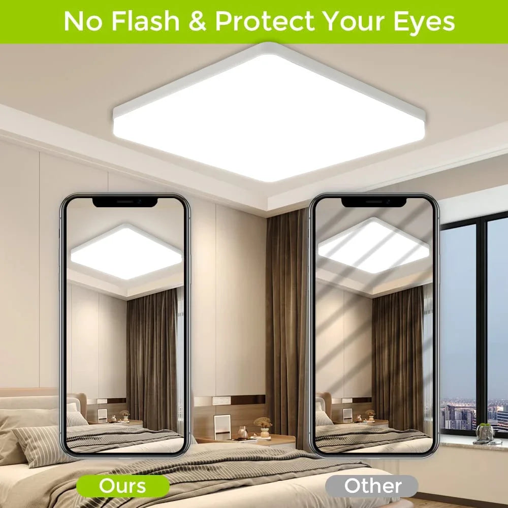 Modern LED flush mount ceiling light installed in a stylish living room with bright energy-efficient illumination.