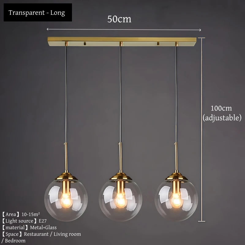 Modern luxury glass LED pendant light hanging above a dining table in a contemporary home.