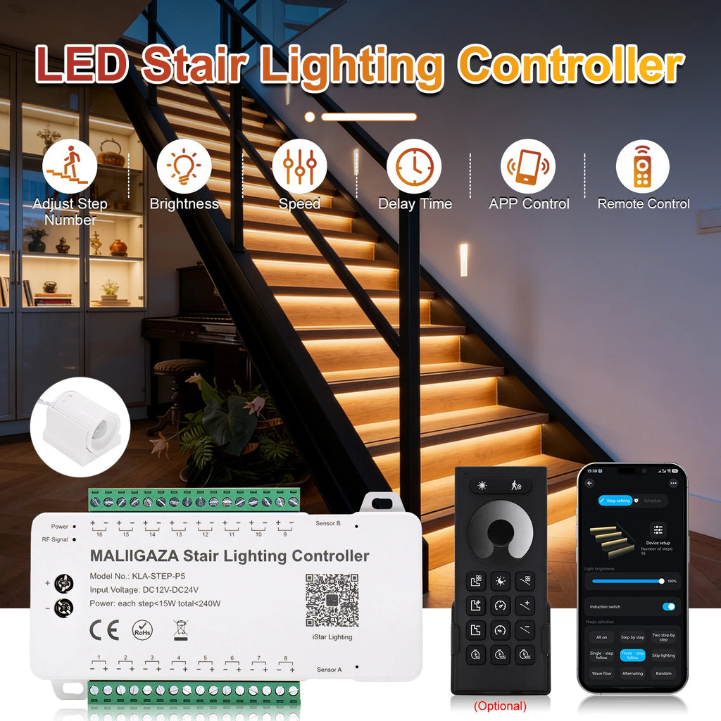 LED stair lighting kit with controller for adjustable step number, brightness, speed, and remote control features.