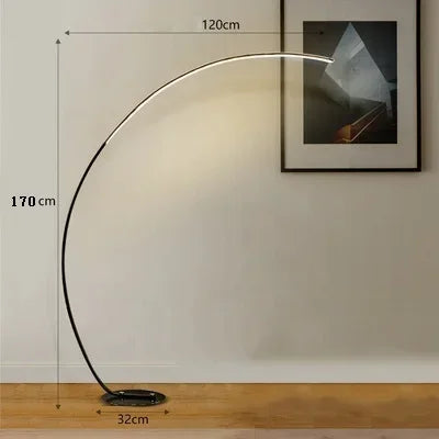 Nordic LED arc floor lamp with a curved design beside a modern sofa in a contemporary living room.