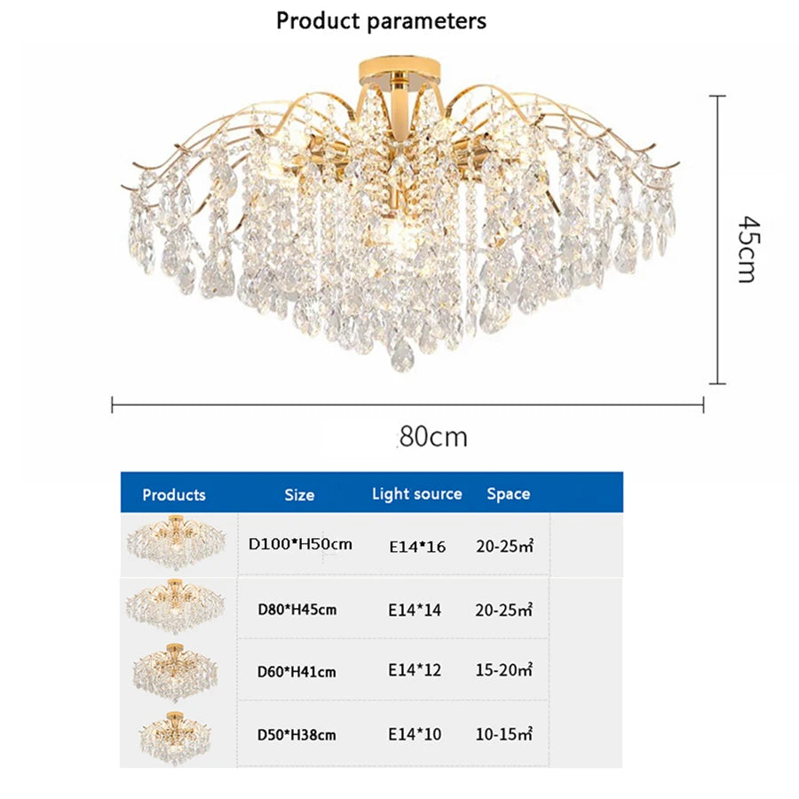 Modern luxury crystal LED chandelier installed in a stylish living room with elegant contemporary décor.