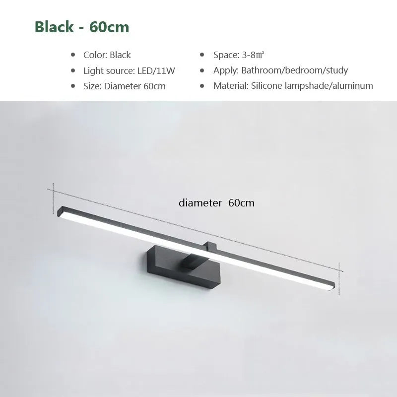 Modern waterproof LED mirror light mounted above a bathroom vanity mirror with bright, even illumination.