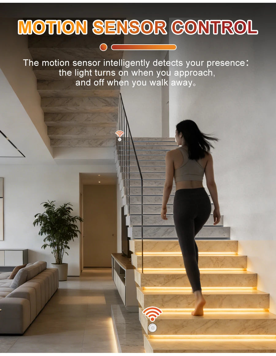 LED stair lighting kit with motion sensor control illuminating steps as a person walks up the stairs.