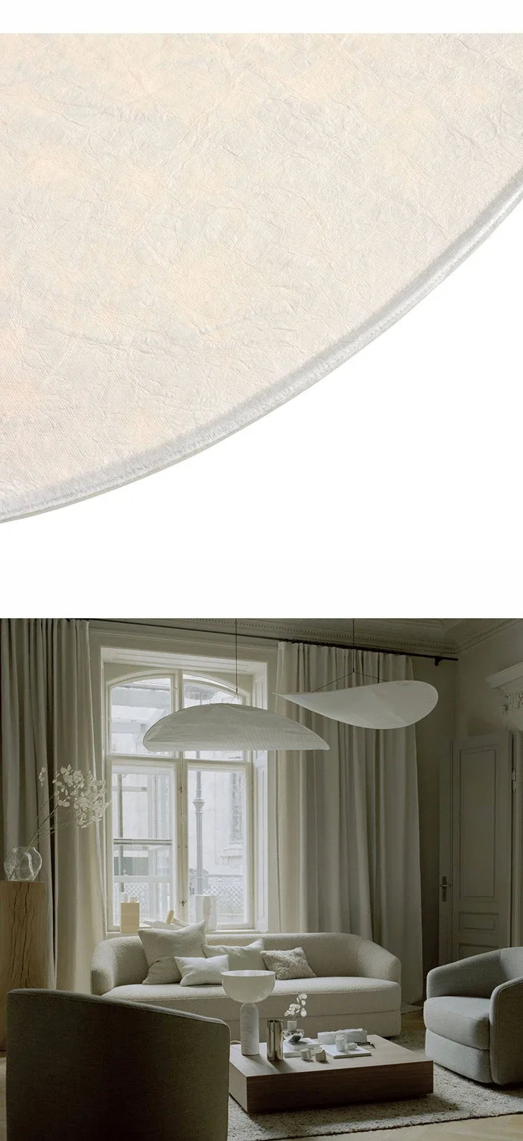 Nordic modern LED pendant light hanging above a dining table in a contemporary living room.