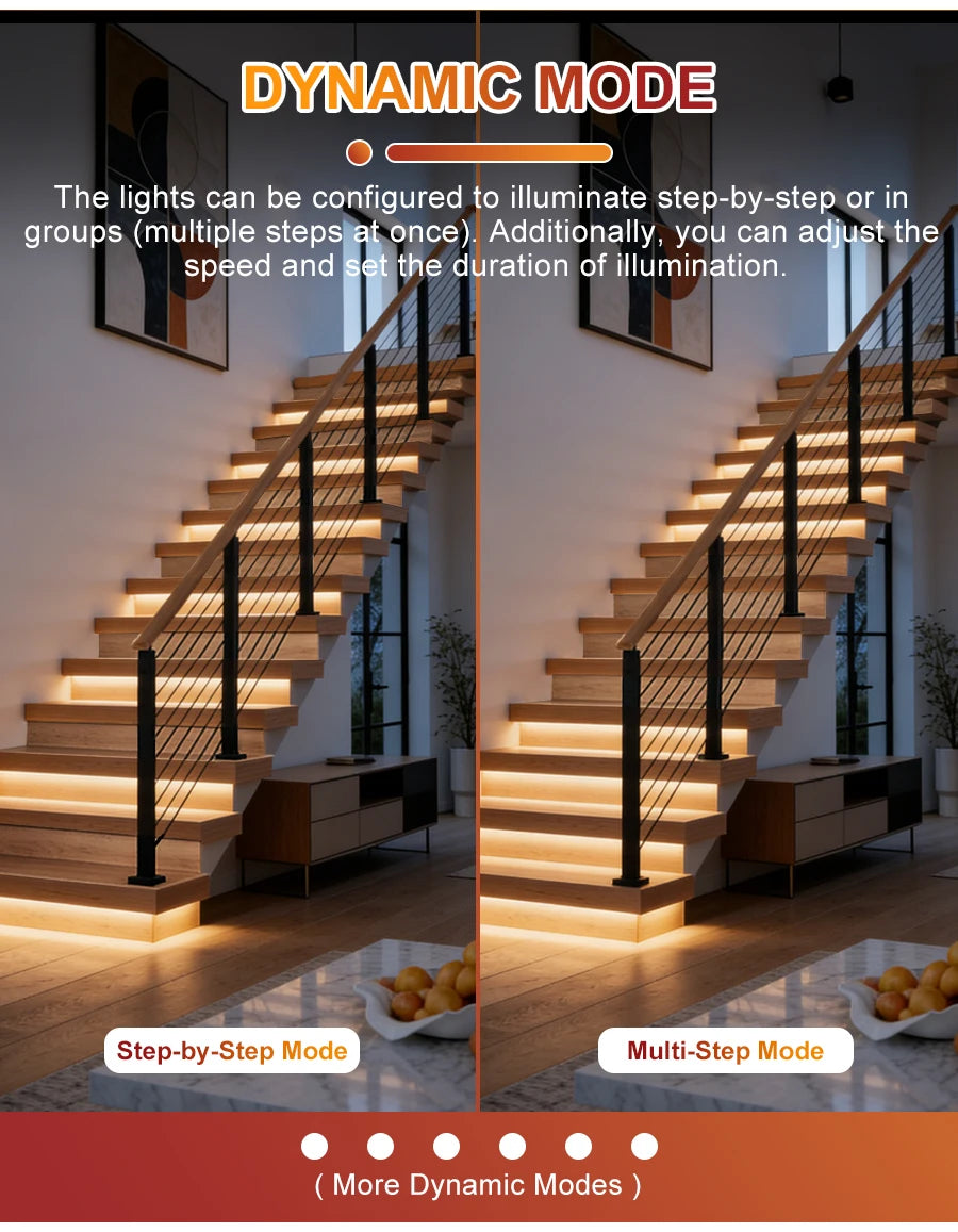 LED stair lighting kit in dynamic mode, showcasing step-by-step and multi-step illumination options on a staircase.