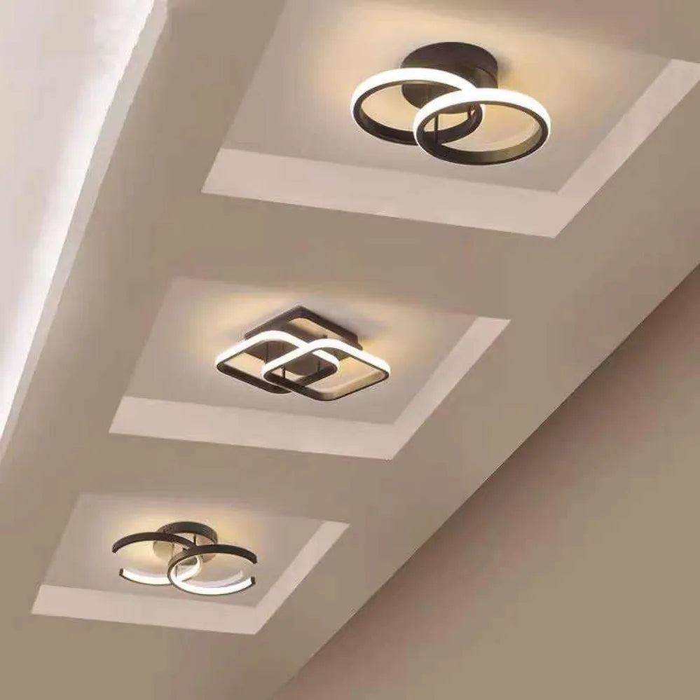 Modern 2 ring LED ceiling light installed in a stylish hallway with contemporary interior décor.
