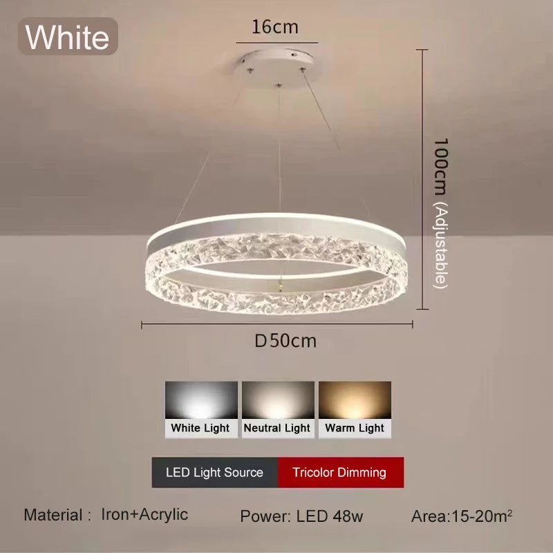 Modern luxe LED ring chandelier suspended in a contemporary living room with elegant minimalist décor.
