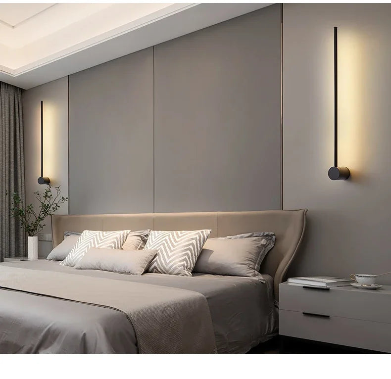 Nordic minimalist LED long wall light installed in a modern hallway with luxury interior décor.