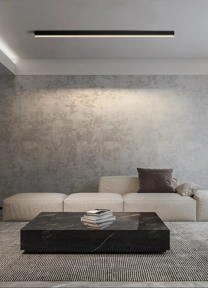 Nordic modern LED ceiling light installed in a contemporary living room with minimalist interior décor.