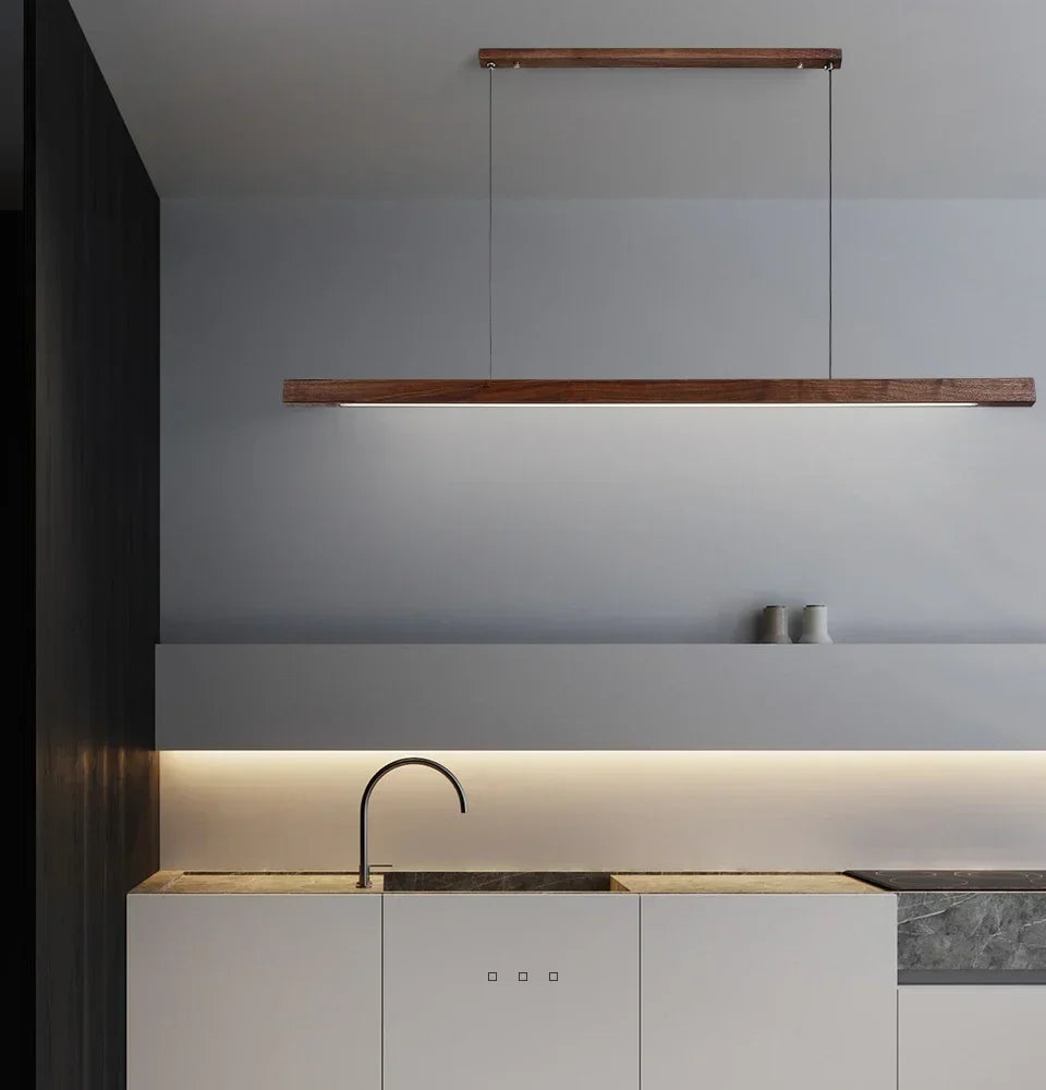 Modern LED Chandelier Black Walnut Wooden Dining Room Kitchen Island Long Hanging lights Restaurant Office Coffee Home Lighting