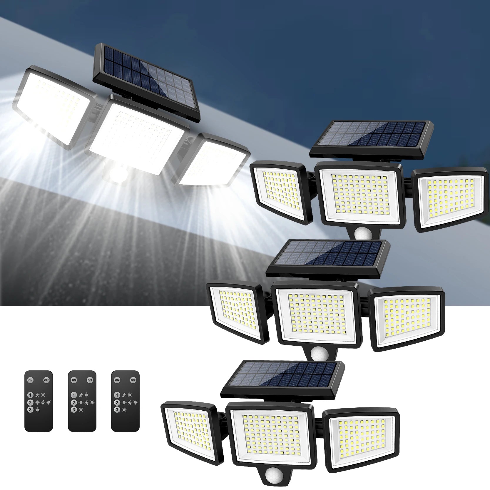 Solar Motion Sensor Security Light Outdoor Waterproof 3 Head LED
