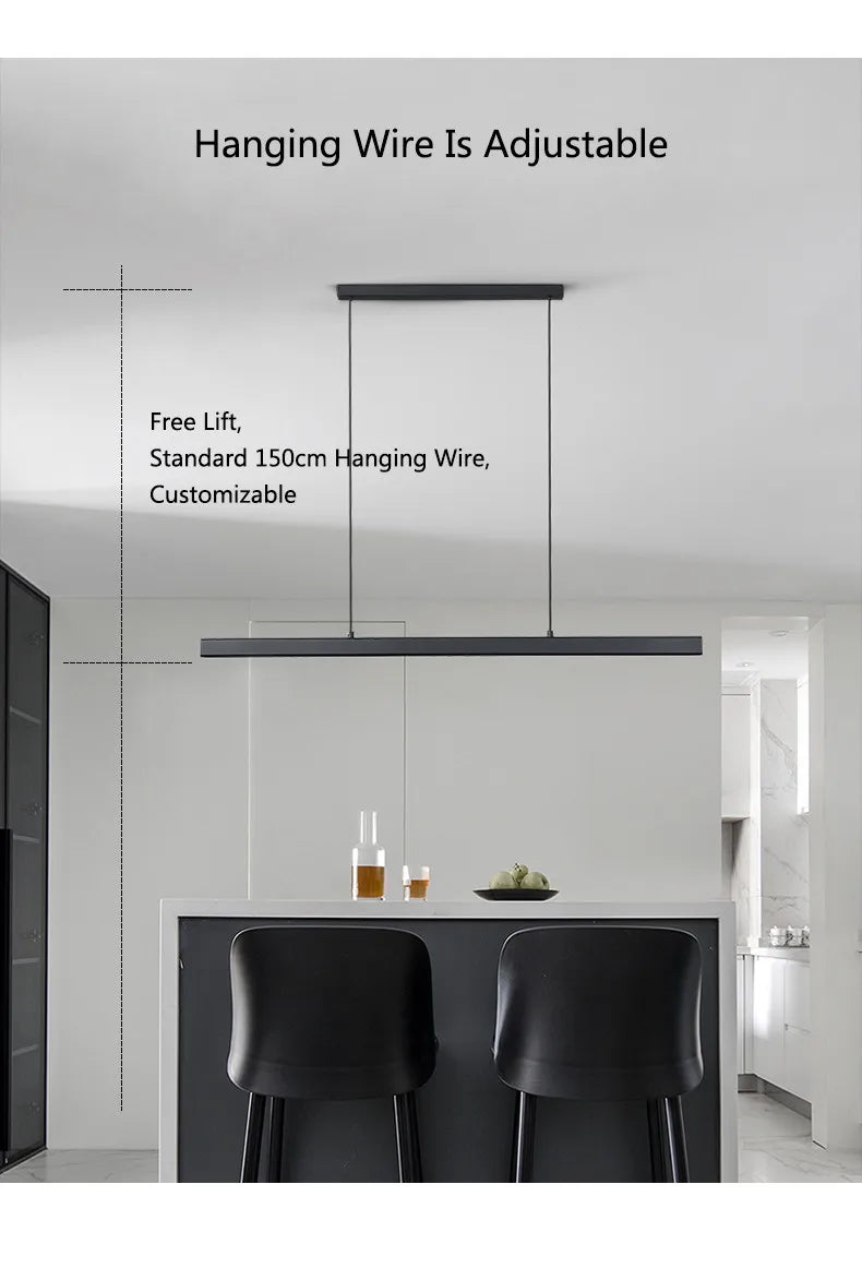 Modern Linear LED Pendant Light with adjustable hanging wire, ideal for dining tables and kitchen islands.