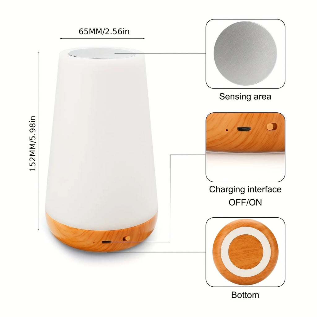 Rechargeable RGB bedside table lamp with touch control and remote displaying multiple colour lighting modes.