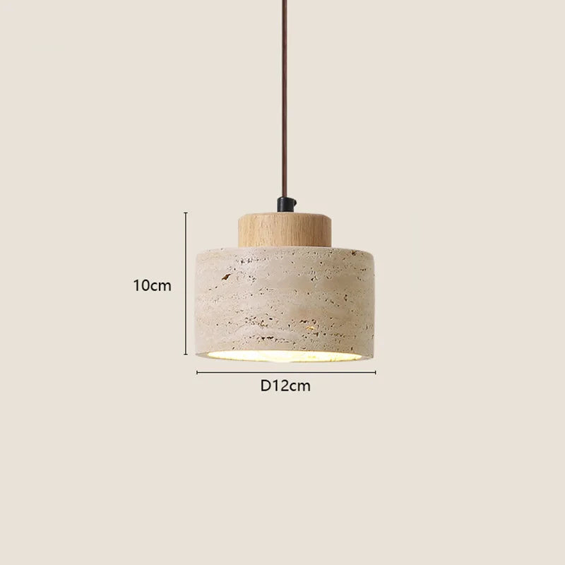 Wabi-Sabi Japanese pendant light with a natural stone-inspired shade hanging beside a modern bed.