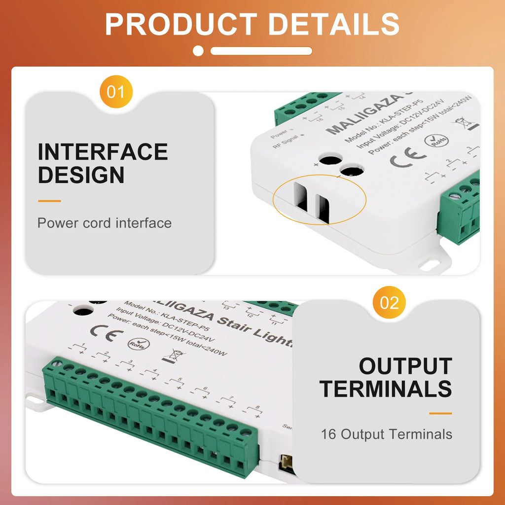 LED stair lighting kit interface design and output terminals with 16 outputs for smart automation.