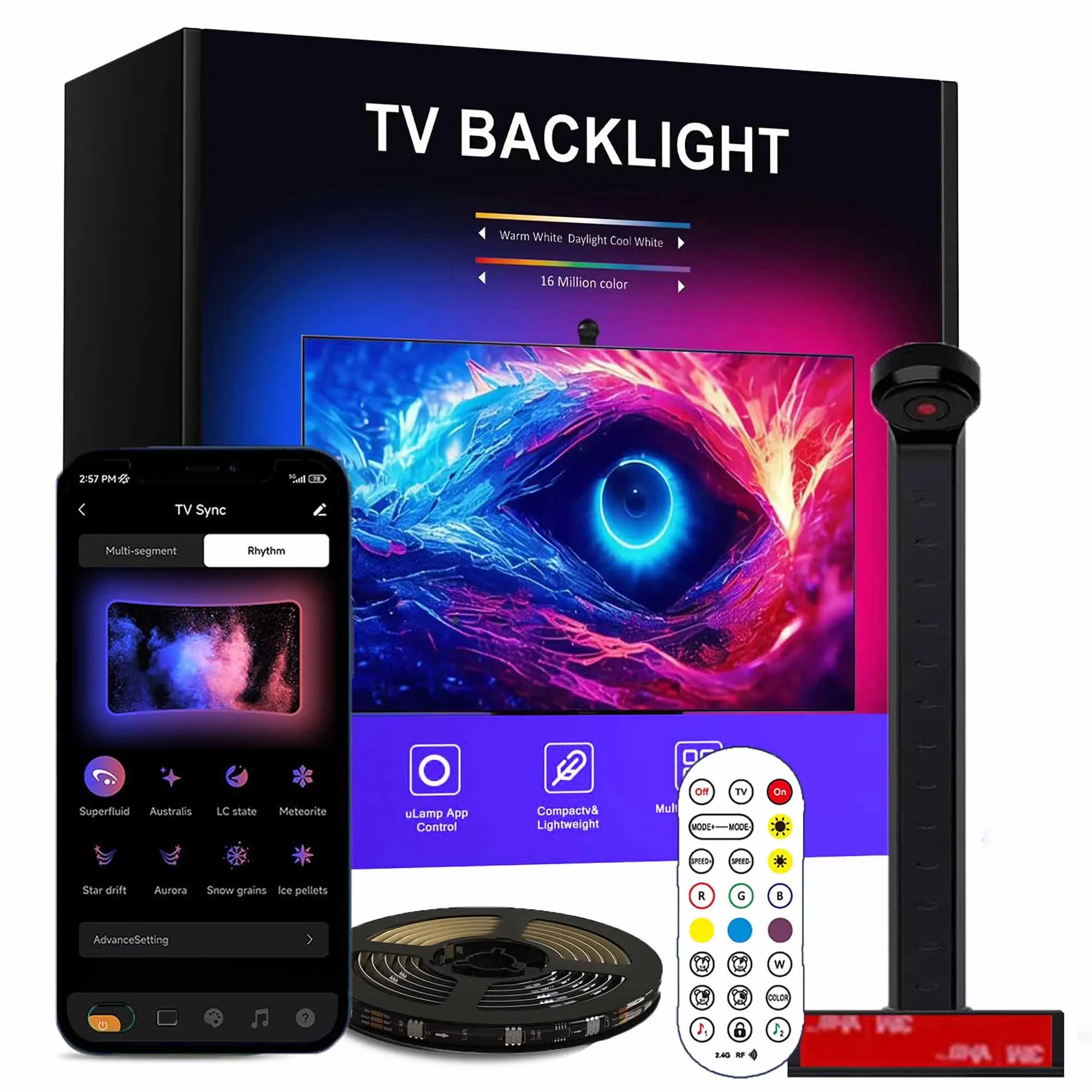 TV Backlight Strip Color Pickup RGBIC LED Strip Lights for 55-75 inch Screens Smart Sync Gaming Room Decor Atmosphere Lights