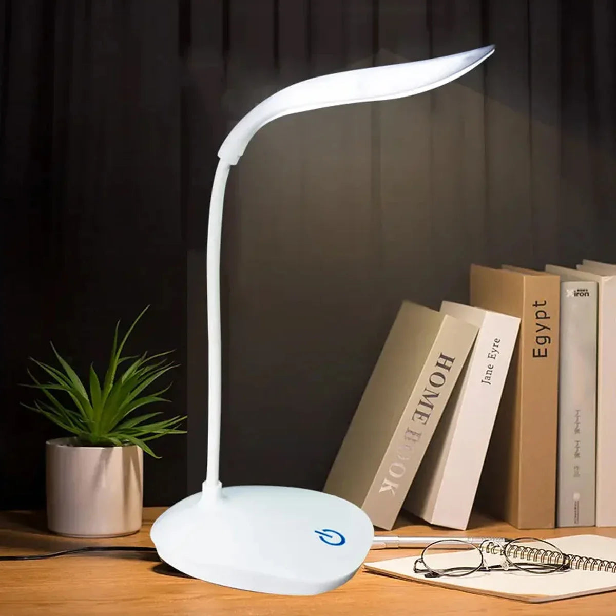 Modern LED eye care desk lamp with USB charging and touch dimming on a study desk.