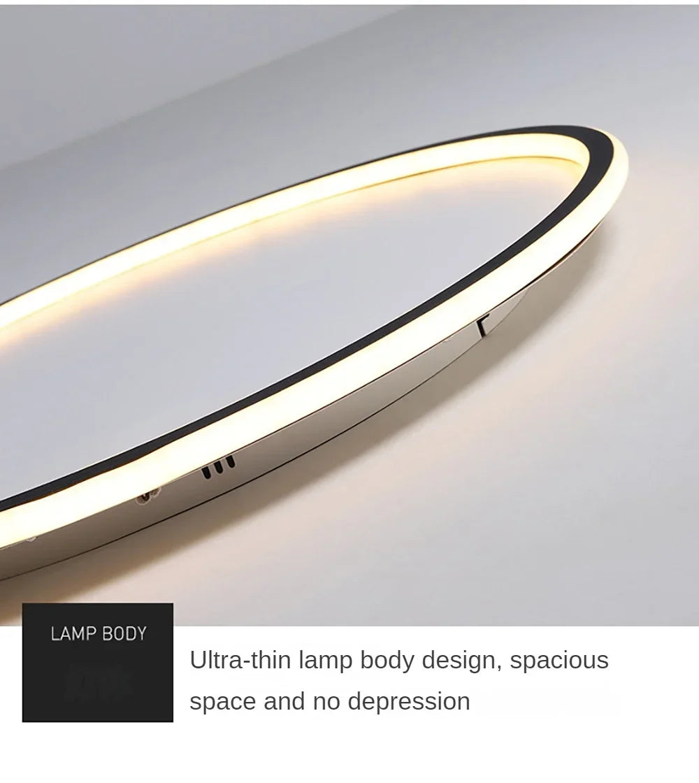 Nordic minimalist LED ceiling light with remote control installed in a modern living room.
