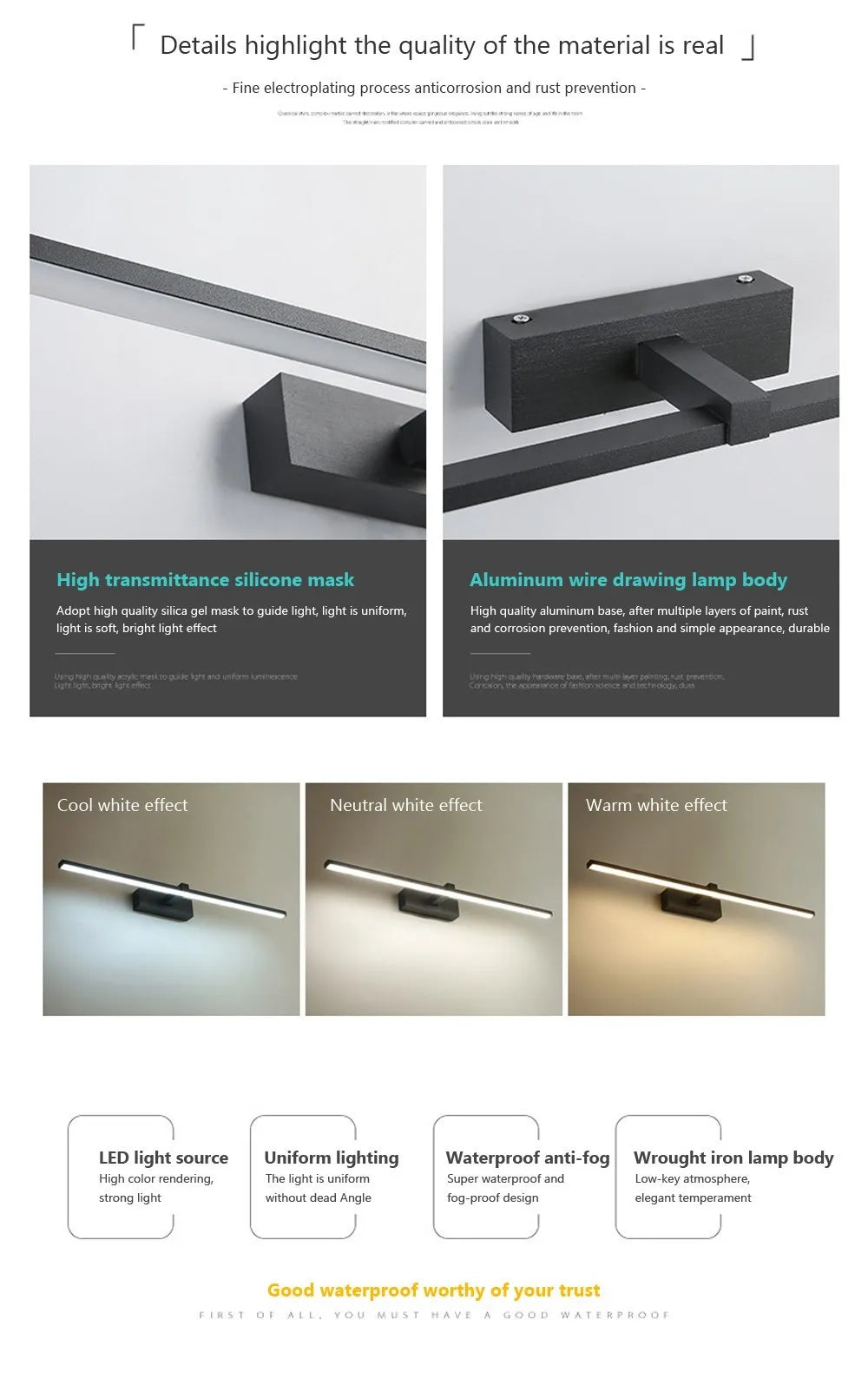 Modern waterproof LED mirror light mounted above a bathroom vanity mirror with bright, even illumination.