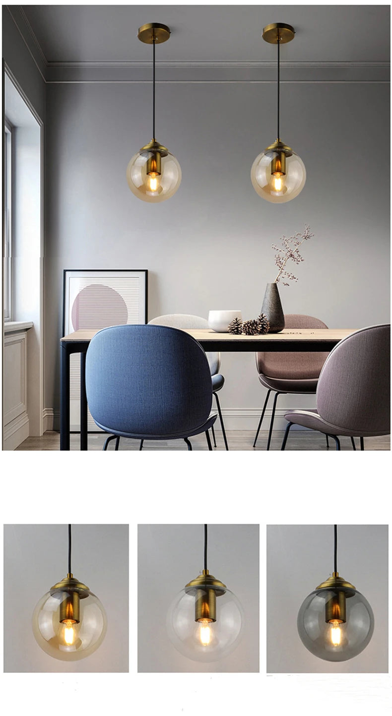 Modern luxury glass LED pendant light hanging above a dining table in a contemporary home.