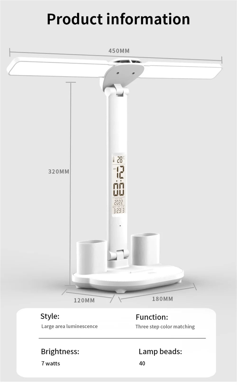 LED Desk Lamp with Clock, Calendar & Touch Dimmable Light USB