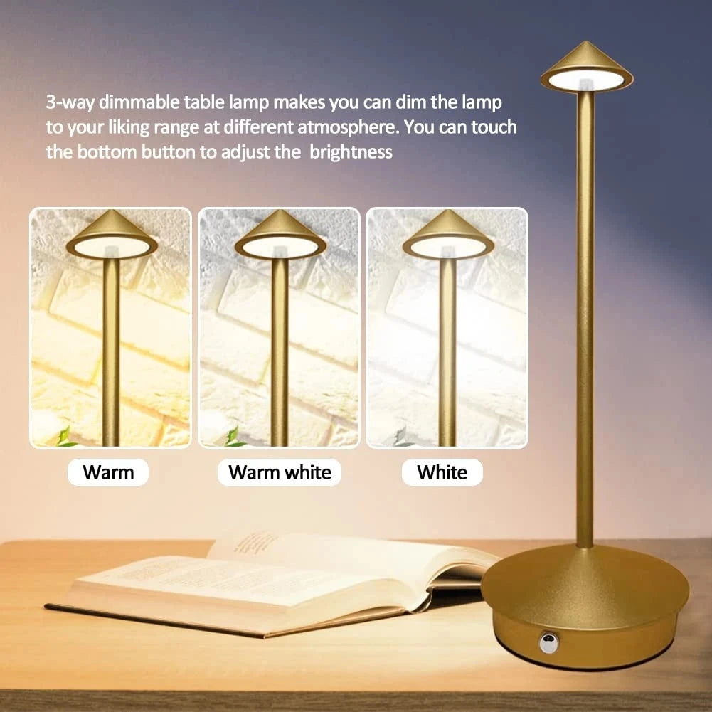 Rechargeable touch LED table lamp placed on a modern dining table in a stylish café-inspired interior.