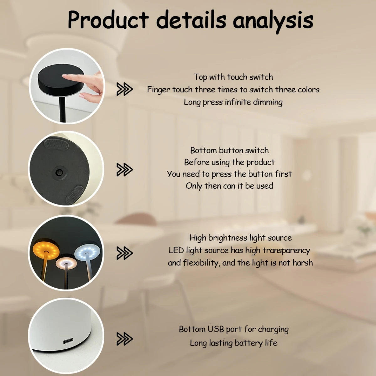 LED Ambient Desk Lamp USB Rechargeable Touch Dimmable Night Light