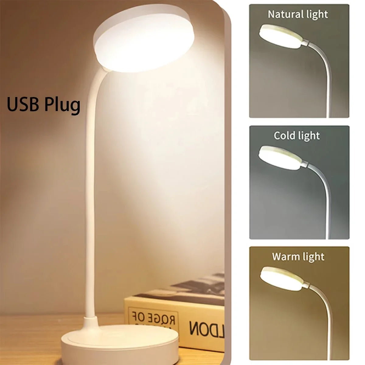 Flexible LED desk lamp with adjustable neck and 3-level dimmer on a modern study desk.
