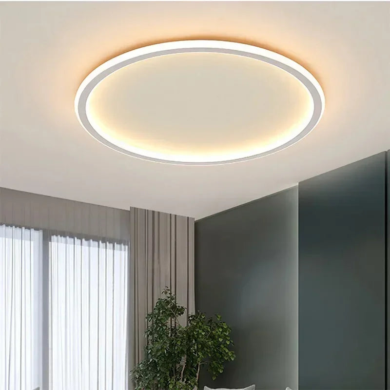 Nordic minimalist LED ceiling light with remote control installed in a modern living room.