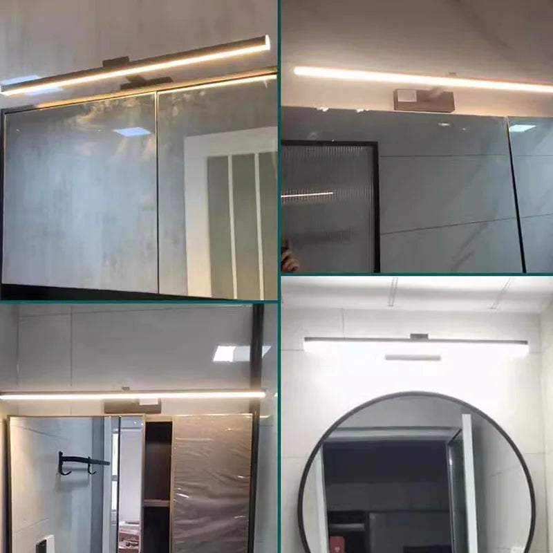 Modern waterproof LED mirror light mounted above a bathroom vanity mirror with bright, even illumination.
