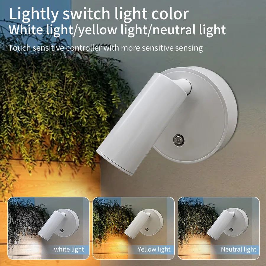 Magnetic rechargeable LED wall light mounted beside a bed with touch control and adjustable brightness.