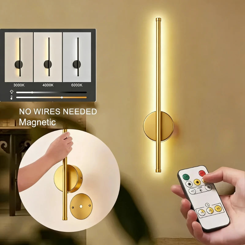 Wireless rechargeable LED wall sconce with remote control mounted beside a modern bedroom bed.