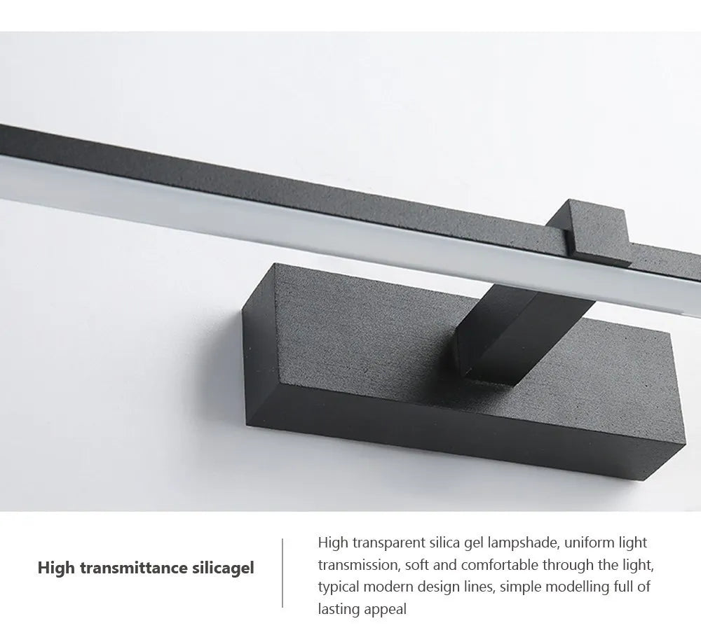 Modern waterproof LED mirror light mounted above a bathroom vanity mirror with bright, even illumination.