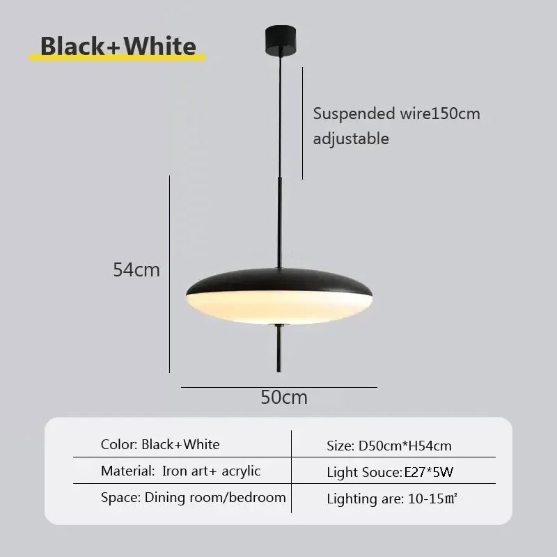 Nordic flying saucer LED pendant light hanging in a modern living room with minimalist décor.