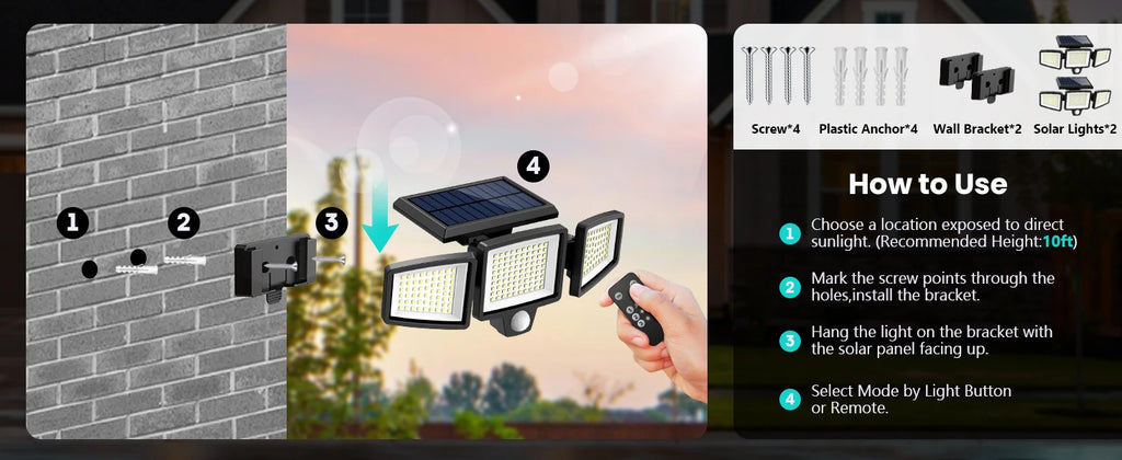 Solar Motion Sensor Security Light Outdoor Waterproof 3 Head LED