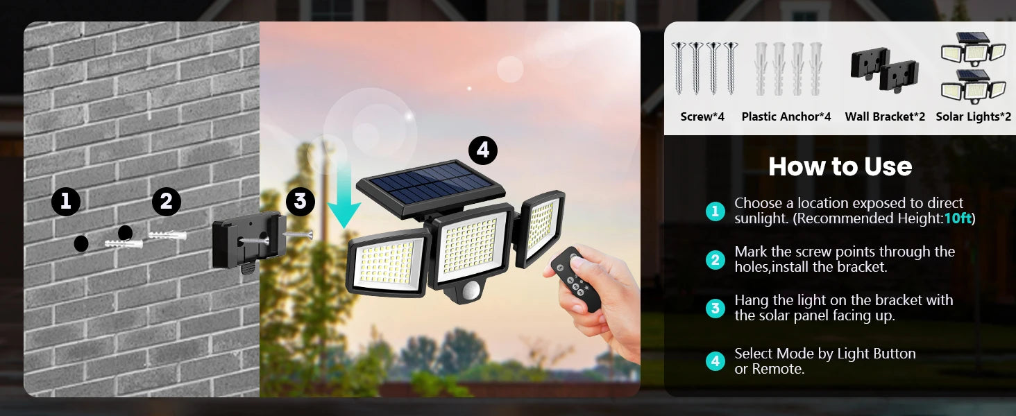 Solar Motion Sensor Security Light Outdoor Waterproof 3 Head LED
