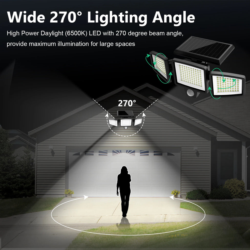 Solar Motion Sensor Security Light Outdoor Waterproof 3 Head LED