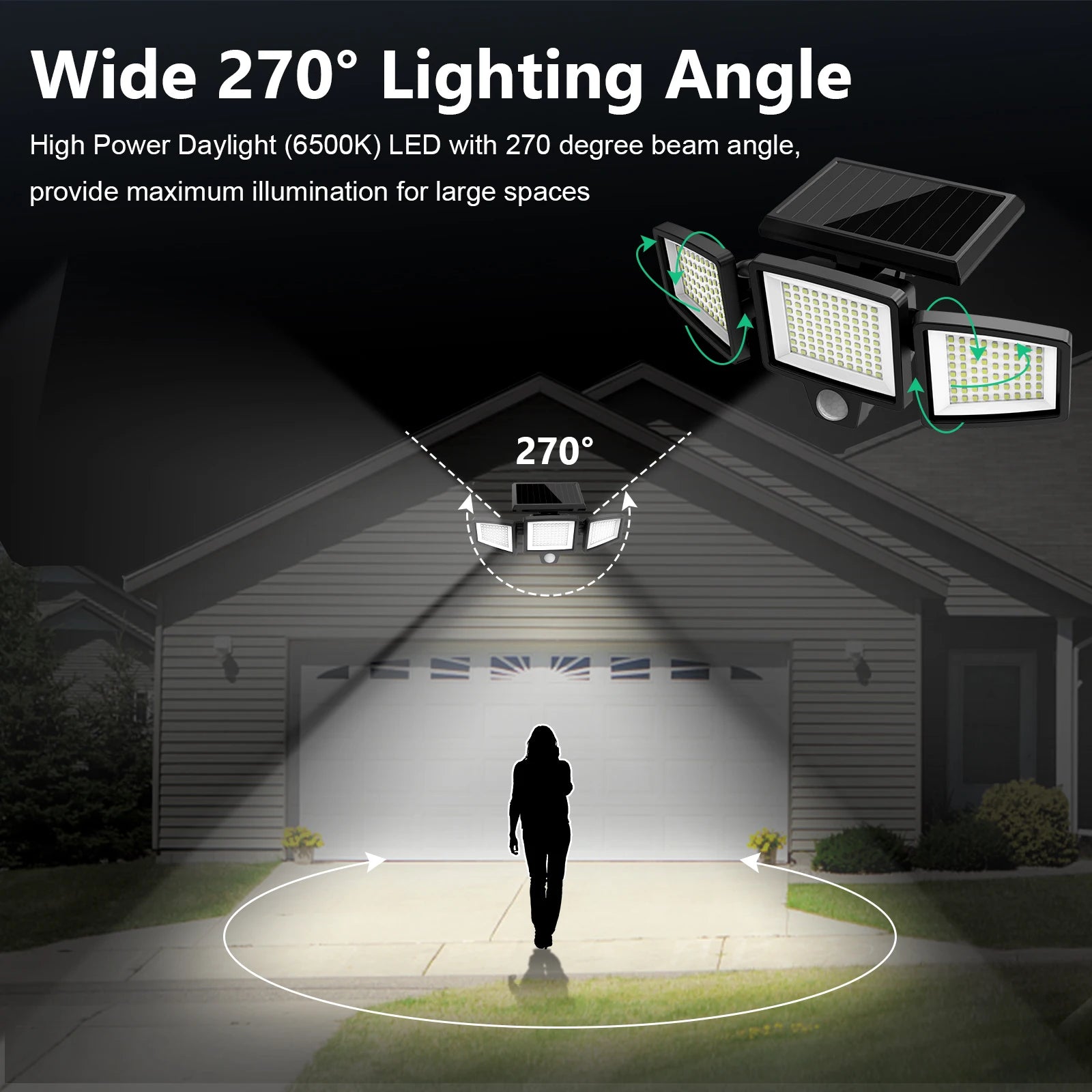 Solar Motion Sensor Security Light Outdoor Waterproof 3 Head LED