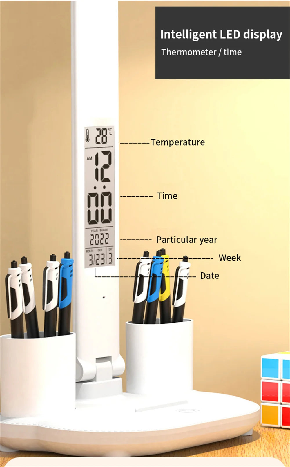 LED Desk Lamp with Clock, Calendar & Touch Dimmable Light USB