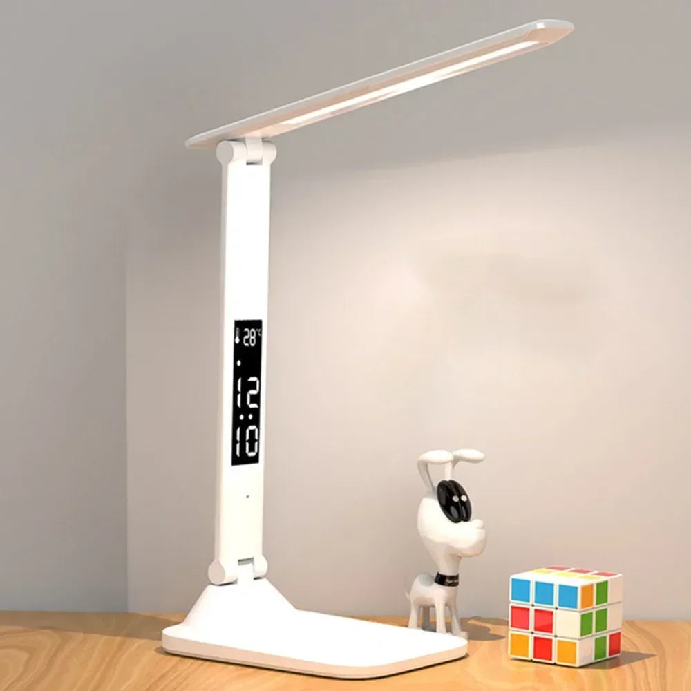 LED Desk Lamp with Clock, Calendar & Touch Dimmable Light USB