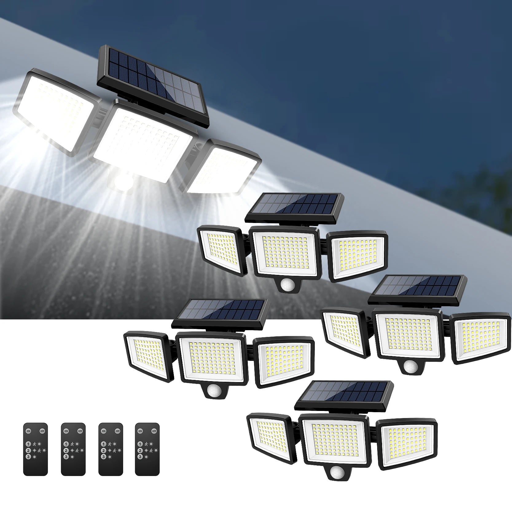 Solar Motion Sensor Security Light Outdoor Waterproof 3 Head LED