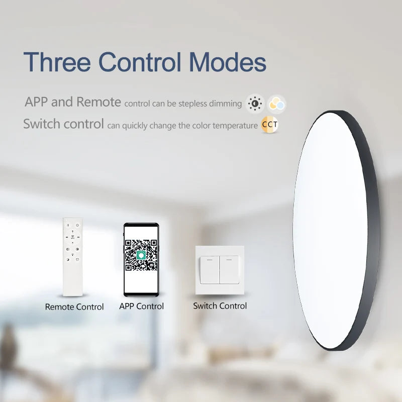 Smart dimmable LED ceiling light with remote control installed in a modern bedroom.