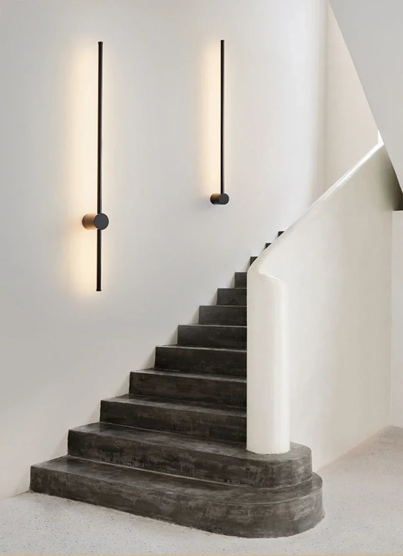 Nordic minimalist LED long wall light installed in a modern hallway with luxury interior décor.