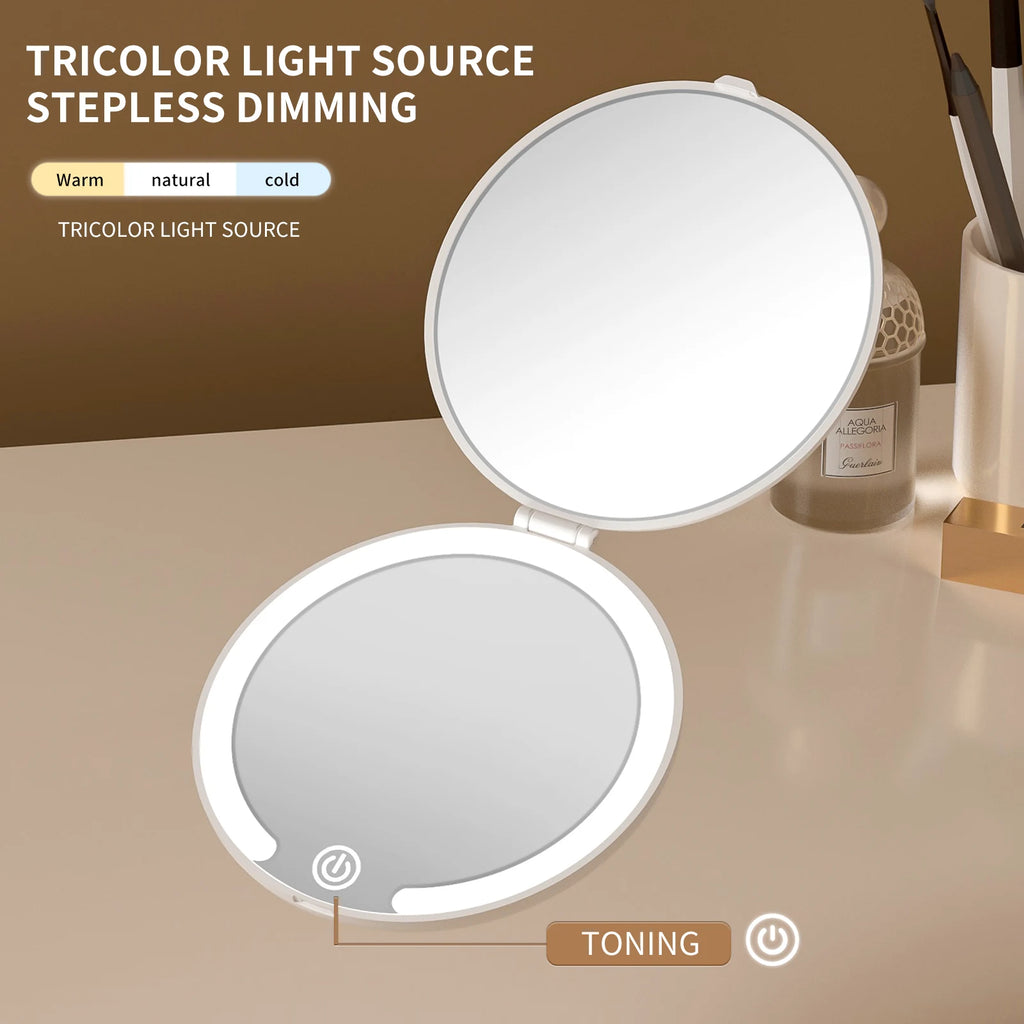 LED Lighted Travel Makeup Mirror, 3 Colors Light, 5X Magnifying, Portable Compact Vanity Mirror