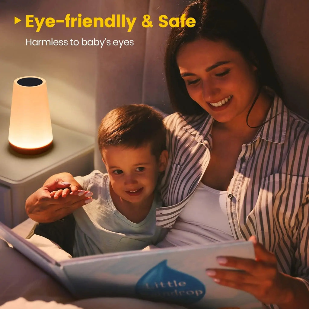 Rechargeable RGB bedside table lamp with touch control and remote displaying multiple colour lighting modes.