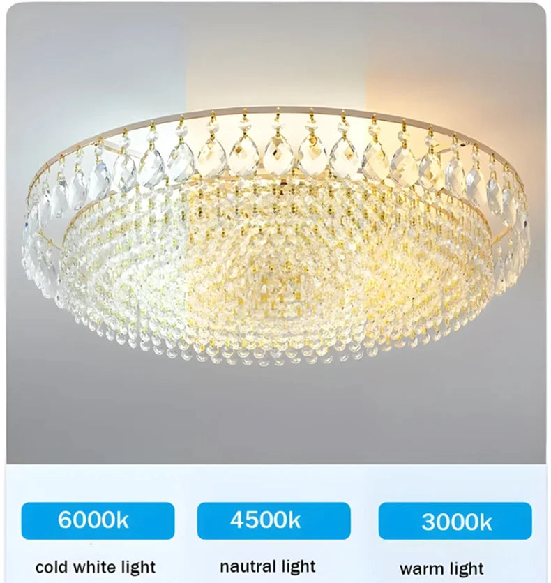 Luxury gold crystal LED chandelier hanging in an elegant modern living room with premium interior décor.