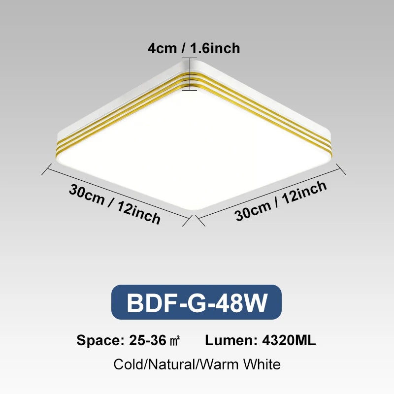 Modern square LED ceiling light installed in a contemporary living room with bright energy-efficient lighting.