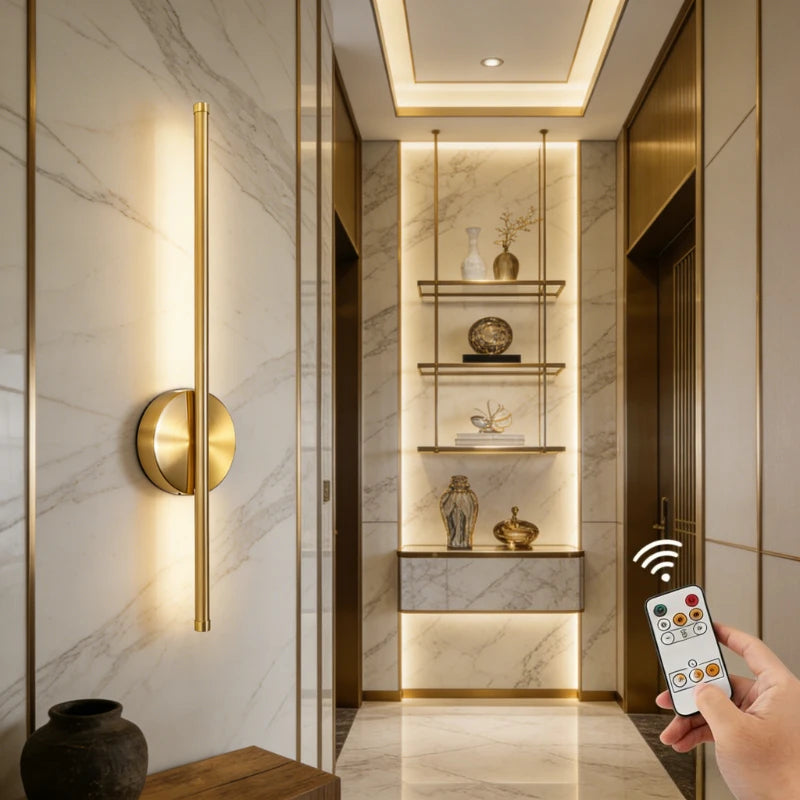 Wireless rechargeable LED wall sconce with remote control mounted beside a modern bedroom bed.
