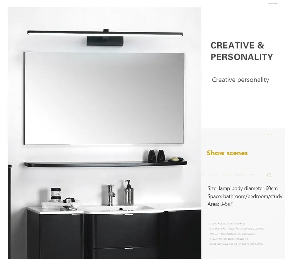 Modern waterproof LED mirror light mounted above a bathroom vanity mirror with bright, even illumination.