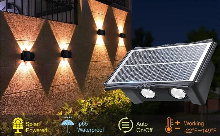Modern waterproof solar LED wall light installed on an exterior wall illuminating a garden pathway.